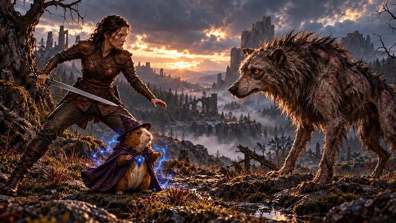 Qui'ra and Whiskers facing off against the schurftwolf in a dramatic fantasy scene